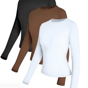 Women's Long Sleeve Crew Neck Tops - Black, Brown, White bundle of 3